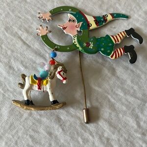 Rossy: Festive Christmas Holiday Elf & Rocking Horse Brooch- Pin